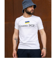 Футболки з патріотичними принтами Футболка Слава ЗСУ з прапором біла