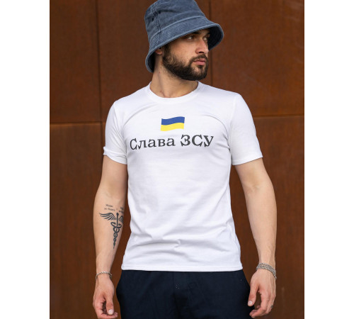 Футболки з патріотичними принтами Футболка Слава ЗСУ з прапором біла