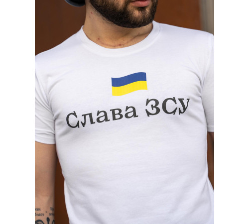 Футболки з патріотичними принтами Футболка Слава ЗСУ з прапором біла