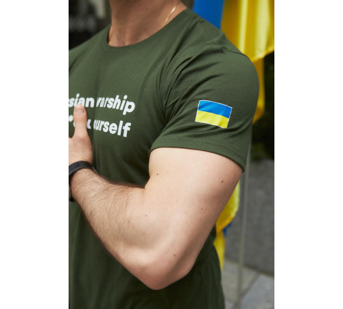 Футболки з патріотичними принтами Футболка чоловіча "Russian warship" Intruder хакі